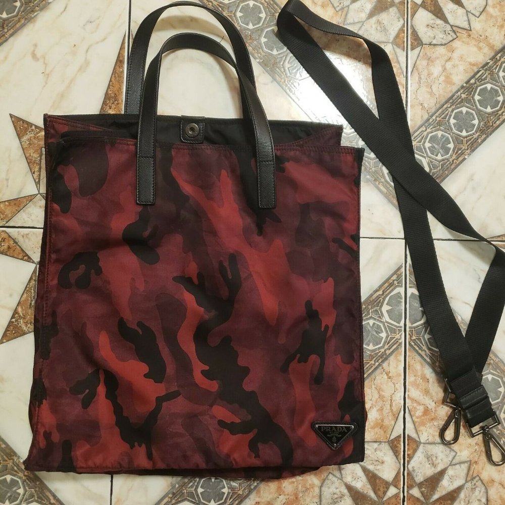PRADA Two Way Red Camo Tessuto Nylon and Leather Tote!